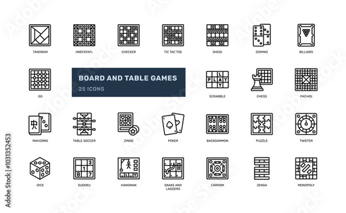 Various board and table games modern and traditional fun to play outline line icon set