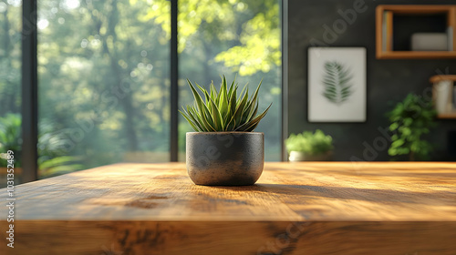 A potted plant on a wooden ...