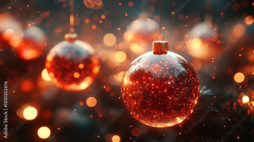 Glimmering Christmas ornaments with festive bokeh background Glimmering Christmas ornaments with festive bokeh background