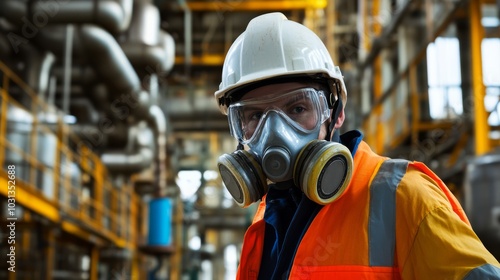 A worker in a safety helmet and gas mask stands in an industrial setting, highlighting the importance of protective gear in hazardous environments.
