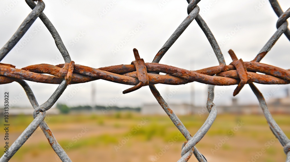 Barbed Wire Fence in Industrial Zone - Gritty, Menacing Barbed Wire Fence in Industrial Zone - Gritty, Menacing