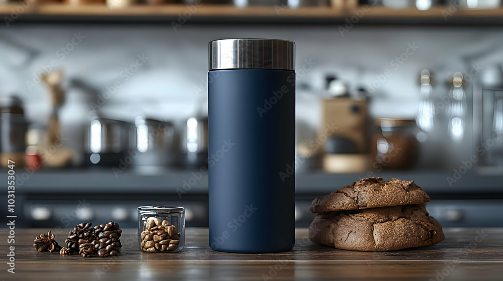 A thermos beside cookies and coffee beans on a kitchen counter. A thermos beside cookies and coffee beans on a kitchen counter.