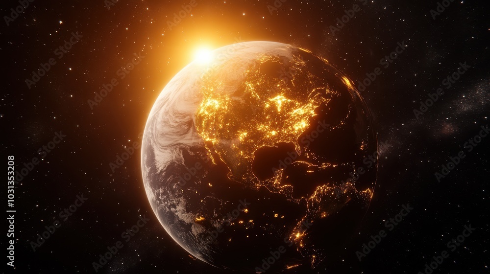 Fototapeta premium A vibrant planet showcasing a glowing atmosphere and stunning light displays during a captivating sunset