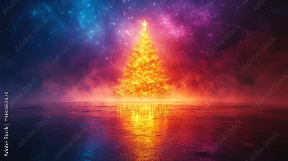 Obraz premium Enchanting illuminated Christmas tree in cosmic landscape