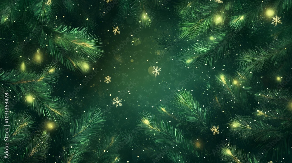 Fototapeta premium A Cozy Holiday Background Featuring Greenery and Snowflakes