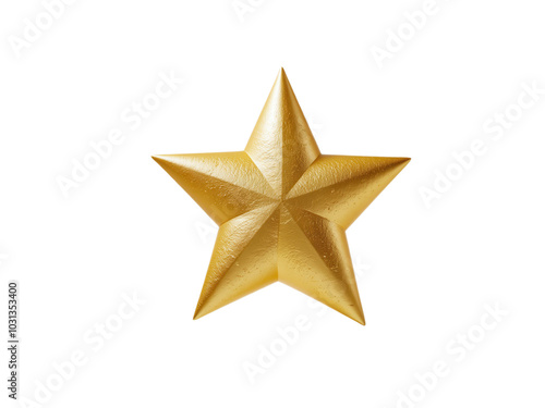 Golden Christmas Star metal bright shine five angle star shape photo isolated on transparent background.