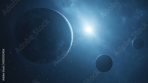 A new planetary system with glowing planets orbiting a massive blue star in deep space photo