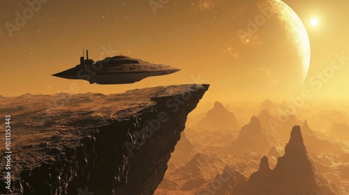 Fototapeta Naklejka Na Ścianę i Meble -  A mysterious alien spacecraft hovers near a new exoplanet, scanning the rugged terrain under a distant starry sky