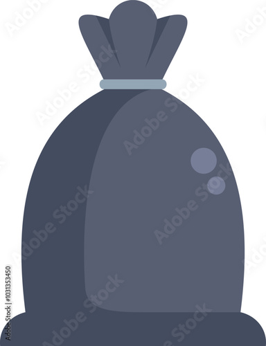 Full black plastic trash bag tied with rope, isolated vector illustration in flat style