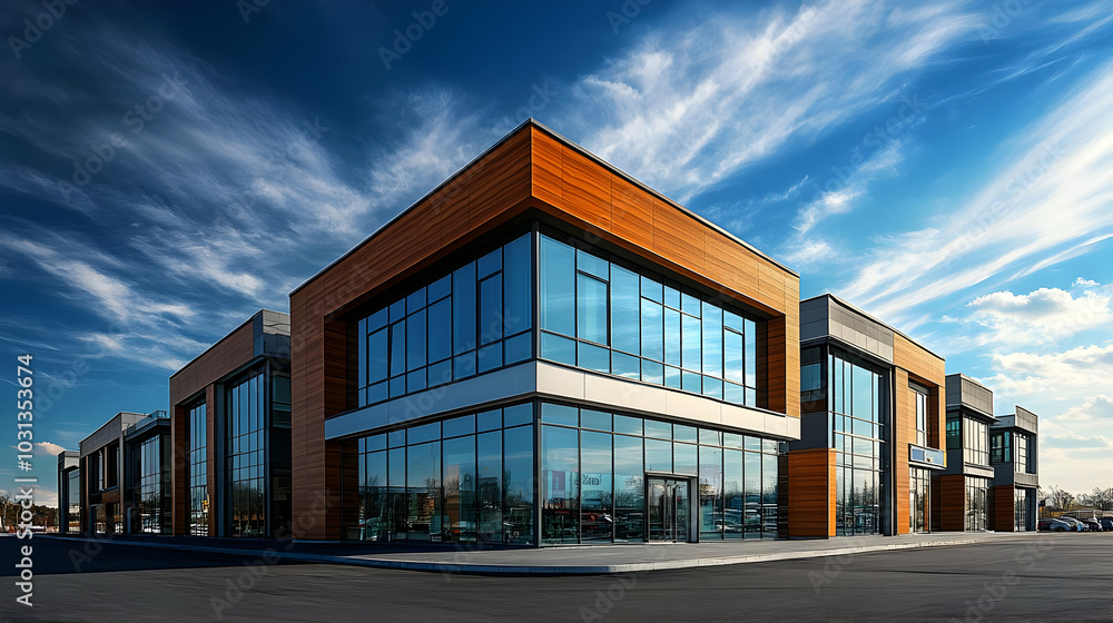 Modern commercial building with large glass windows and wooden accents. Modern commercial building with large glass windows and wooden accents.