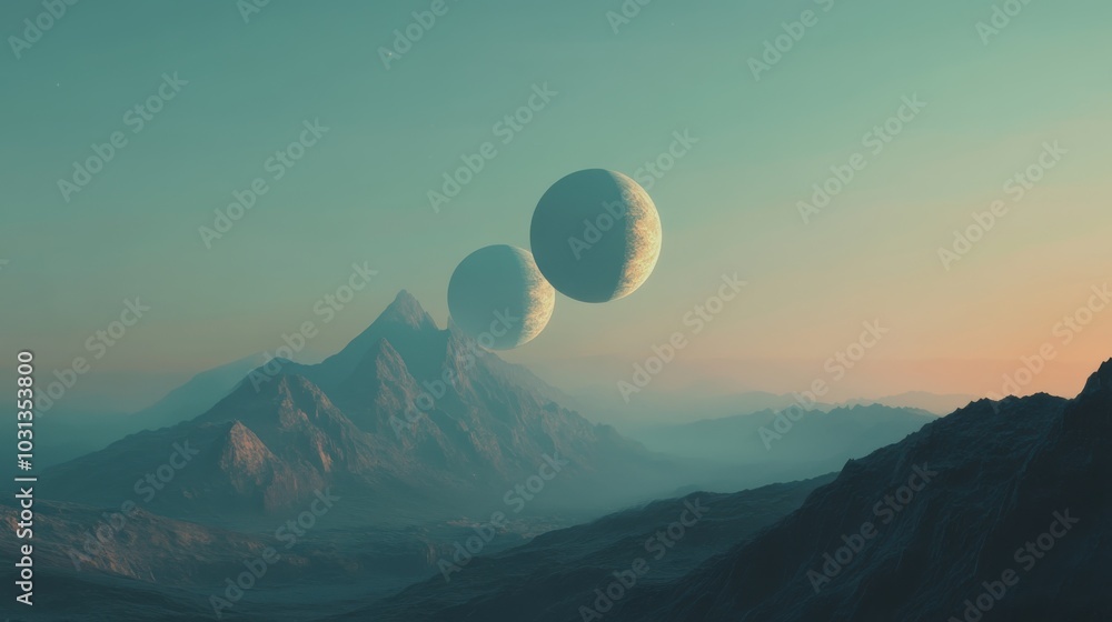 A distant Earth-like planet with three moons illuminating mountains in a tranquil twilight sky A distant Earth-like planet with three moons illuminating mountains in a tranquil twilight sky