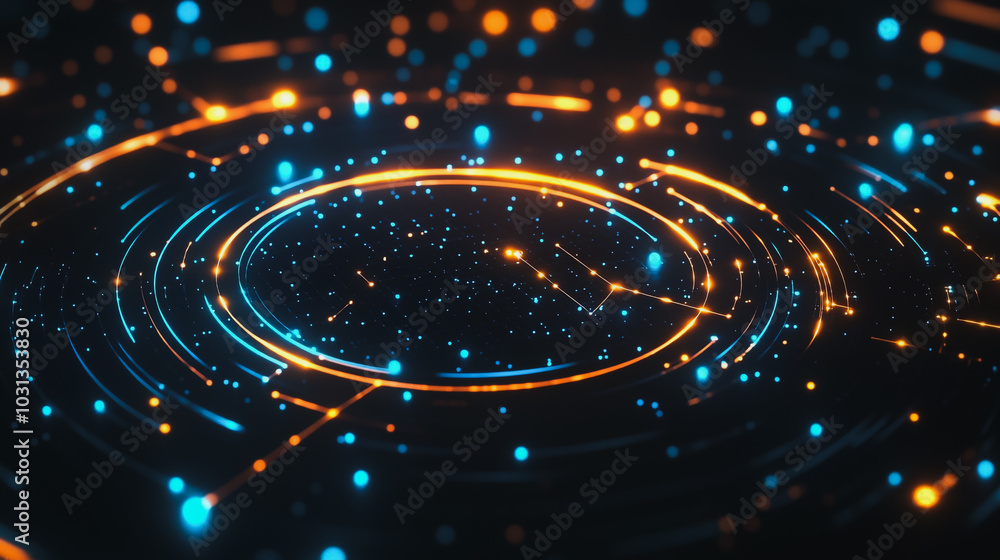 Abstract black background with Colorful circle lines. Digital future technology . Abstract business connection of lines from nodes innovation of communication in the network Abstract black background with Colorful circle lines. Digital future technology . Abstract business connection of lines from nodes innovation of communication in the network