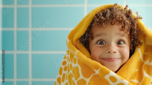 a kid wrapped in a giragge print towel in a cozy bathroom photo