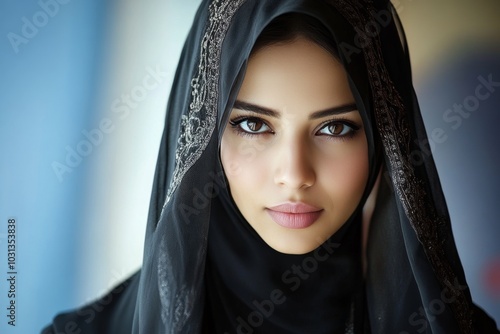 Arab woman wearing a traditional black abaya with a niqab, her eyes highlighted with kohl