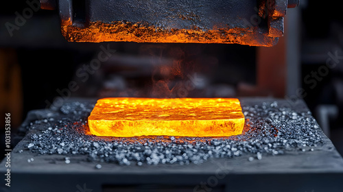 A glowing metal block being...
