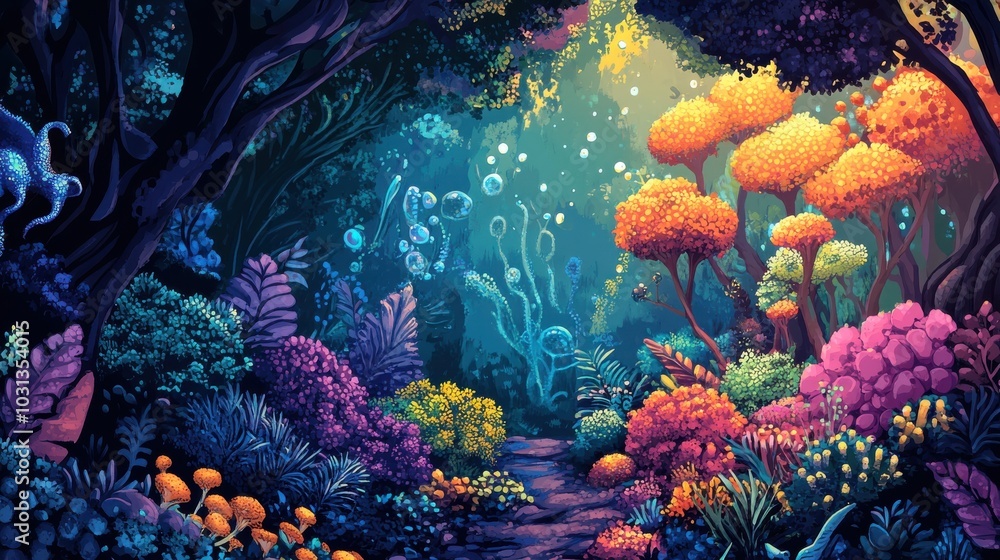 Naklejka premium Proteins personified in a vibrant magical forest representing diverse structures and functions surrounded by enchanting flora and fauna