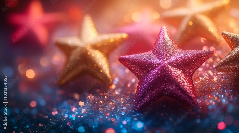 Glittering decorative stars on a sparkling background Glittering decorative stars on a sparkling background