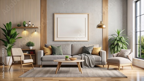 Mock up poster frame on cozy modern living room wall , rendering, warm, cozy, interior, background, design, decor