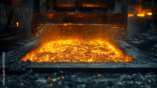 Molten metal being poured into a casting mold in an industrial setting.