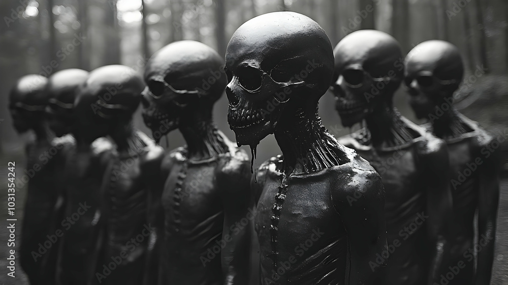 A line of dark, skeletal figures in a misty forest setting. A line of dark, skeletal figures in a misty forest setting.