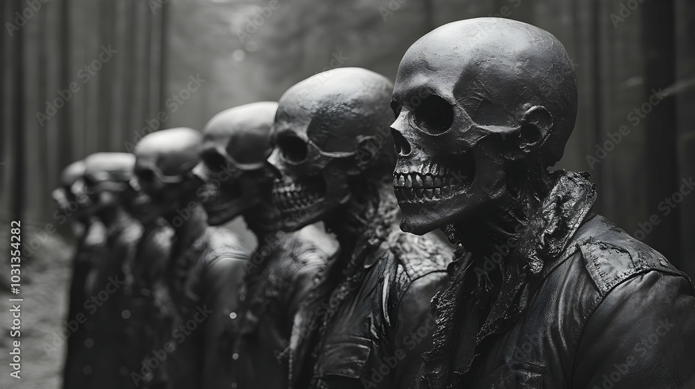 A row of skeletal figures in dark jackets in a forest setting. A row of skeletal figures in dark jackets in a forest setting.