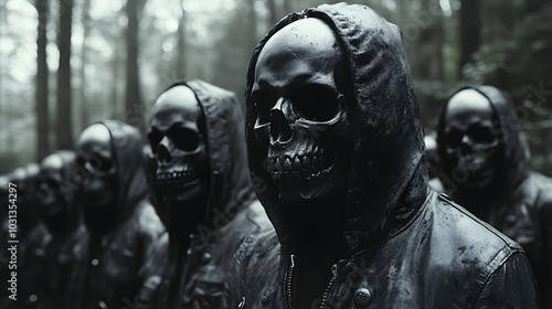 A line of figures in hooded...