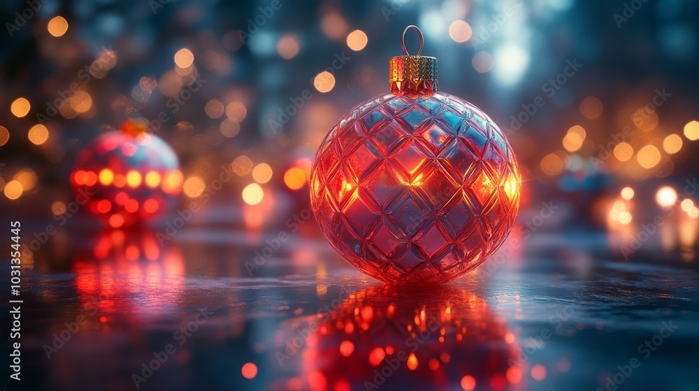 Glowing Christmas ornaments with festive bokeh background Glowing Christmas ornaments with festive bokeh background