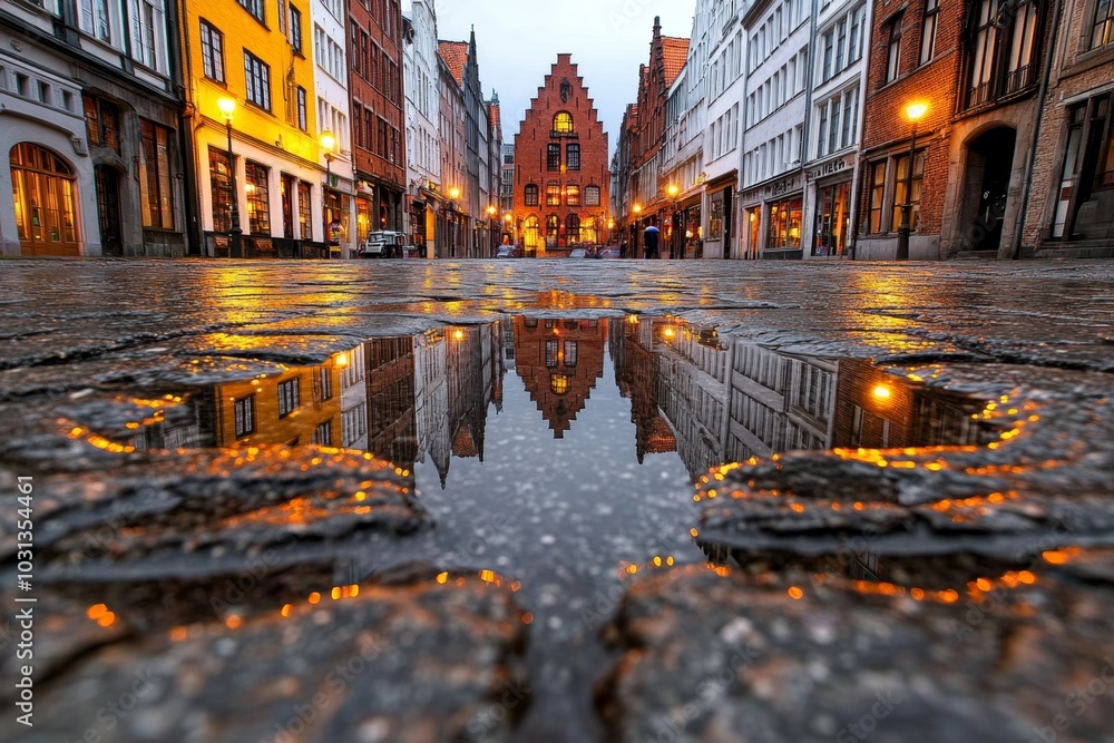 Naklejka premium Charming European street in the rain, with glowing streetlights reflected in puddles