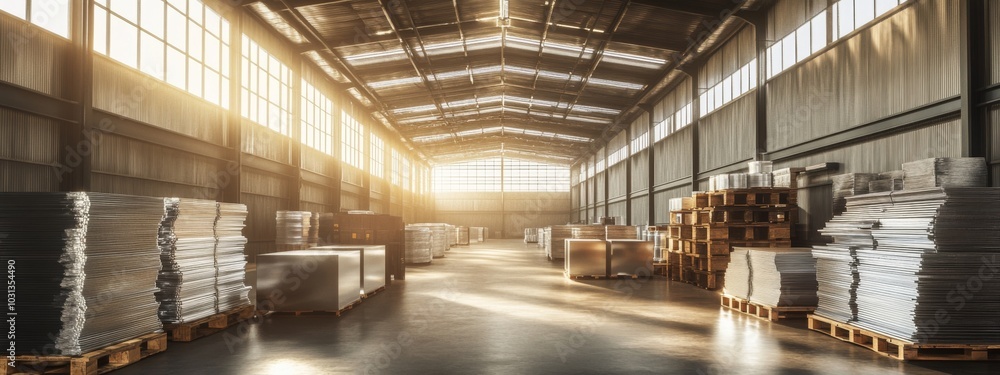 A large warehouse with stacks of cardboard boxes and pallets under a skylight and large windows. A large warehouse with stacks of cardboard boxes and pallets under a skylight and large windows.