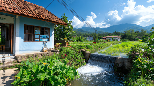 Scenic rural house near flowing water photo