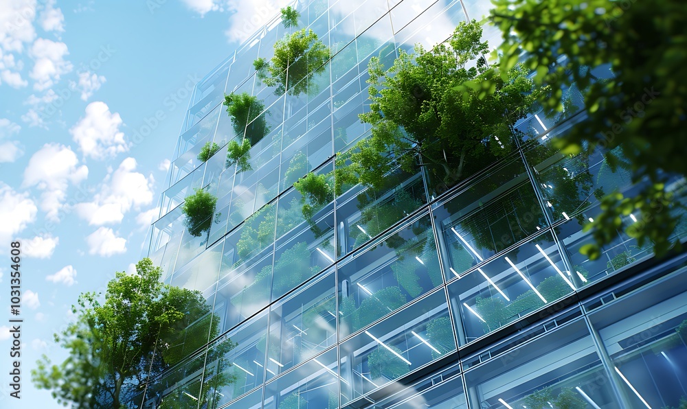 Modern office building with glass facade and green tree. Modern office building with glass facade and green tree.