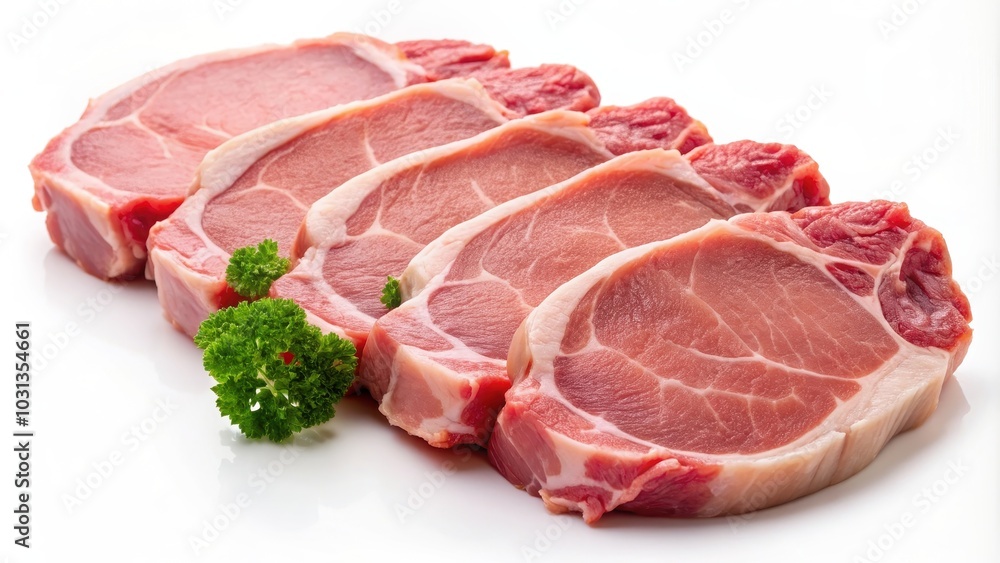 Close-up of raw pork chops on a white background, raw, frozen, meat, pieces, pork chops, close-up, protein, food, uncooked