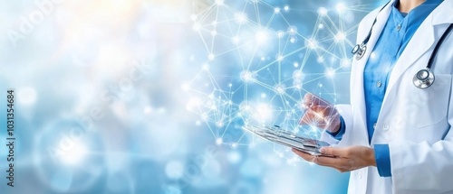 A healthcare professional using a tablet with digital network graphics, showcasing modern medical technology and innovation.
