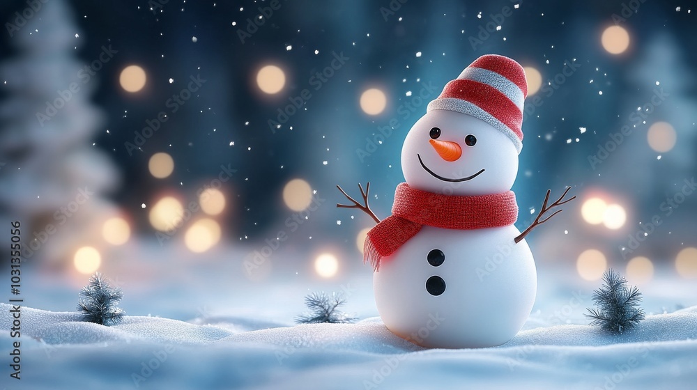 Cheerful snowman in a snowy winter landscape Cheerful snowman in a snowy winter landscape