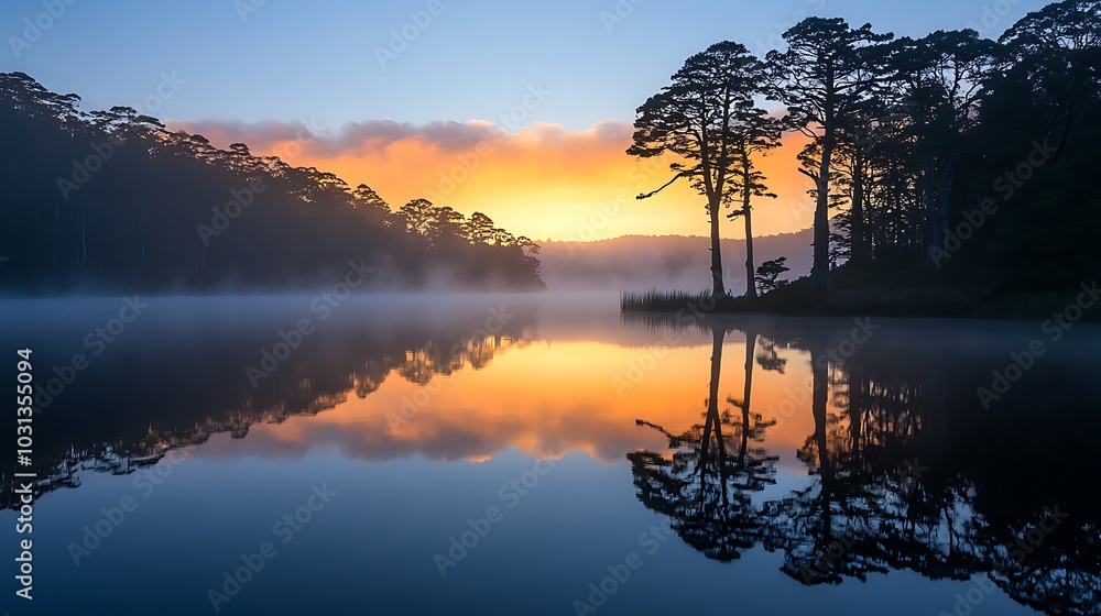 Obraz premium Misty Sunrise Over a Tranquil Lake With Trees Reflected in the Water