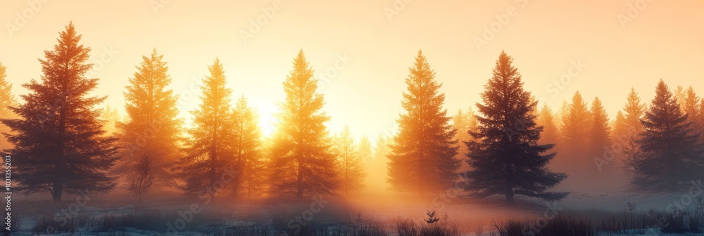 A serene sunrise over a misty forest, with tall evergreen trees silhouetted against warm hues of orange and yellow. A serene sunrise over a misty forest, with tall evergreen trees silhouetted against warm hues of orange and yellow.