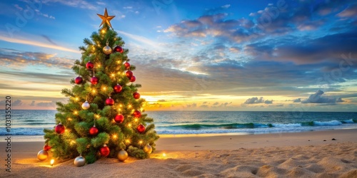 Beautiful Christmas tree adorned with ornaments and lights on a sandy beach with ocean in background, beach, Christmas, tree