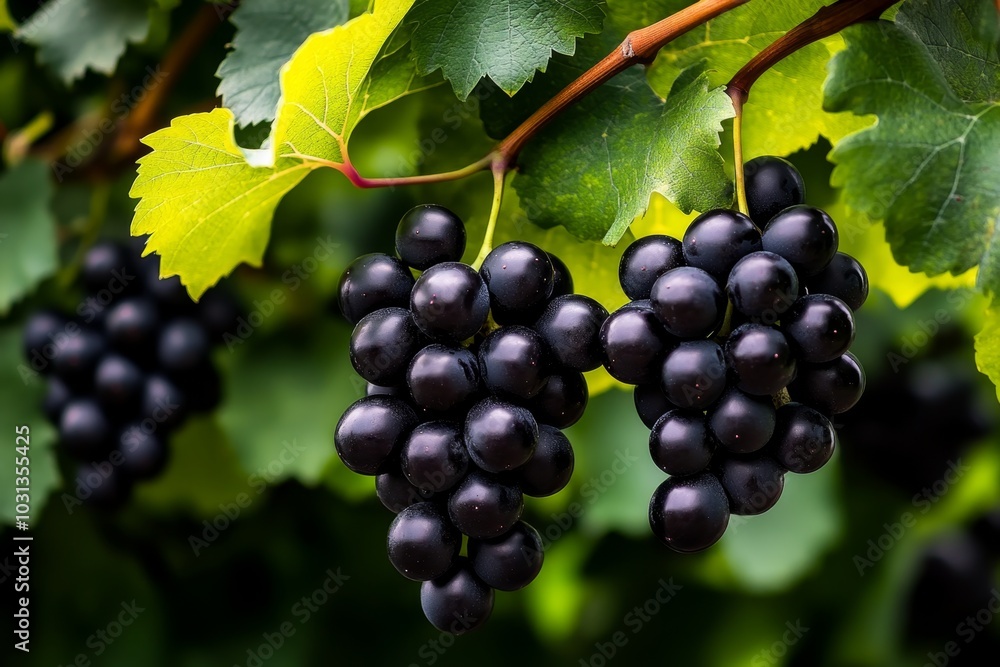 Dark grapes cascading from a vine, with soft highlights and shadows Dark grapes cascading from a vine, with soft highlights and shadows