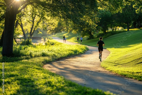 A person jogging along a trail in a lush green park