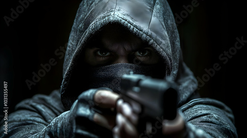 A hooded figure aiming a gu...