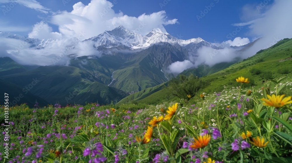 Obraz premium Mount Everest towering over vibrant green hills and blooming wildflowers on a clear, sunny day in the Himalayas