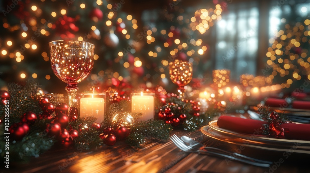 Festive Christmas dinner table adorned with candles and decorations Festive Christmas dinner table adorned with candles and decorations