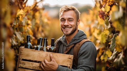 man carrying wooden wine boxes in an Italian vineyard, warm and joyful harvest atmosphere. photo