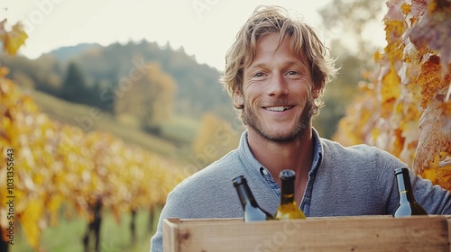 man carrying wooden wine boxes in an Italian vineyard, warm and joyful harvest atmosphere. photo