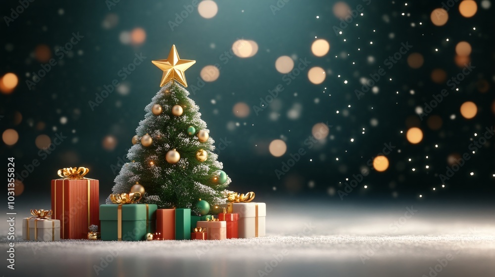 Obraz premium Festive Christmas tree surrounded by beautifully wrapped gifts
