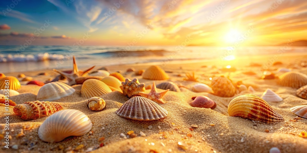 Seashells scattered on the warm sand at sunset, a golden glow illuminating the tranquil beach landscape Seashells scattered on the warm sand at sunset, a golden glow illuminating the tranquil beach landscape