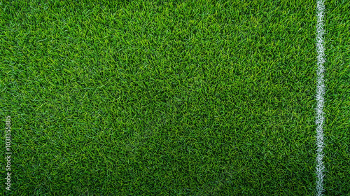 Green Artificial Turf Field with White Line: A close-up texture shot of artificial grass, featuring a crisp white line dividing the field, perfect for creating a sporty and energetic backdrop.   photo