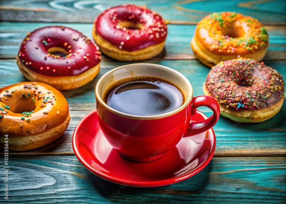Delicious Cup of Coffee with Fresh Donuts for Perfect Breakfast or Snack Time Delight, Ideal for Food Photography Delicious Cup of Coffee with Fresh Donuts for Perfect Breakfast or Snack Time Delight, Ideal for Food Photography
