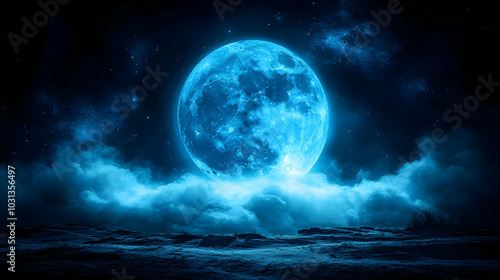 A glowing blue moon illuminates a dark, starry sky with clouds.