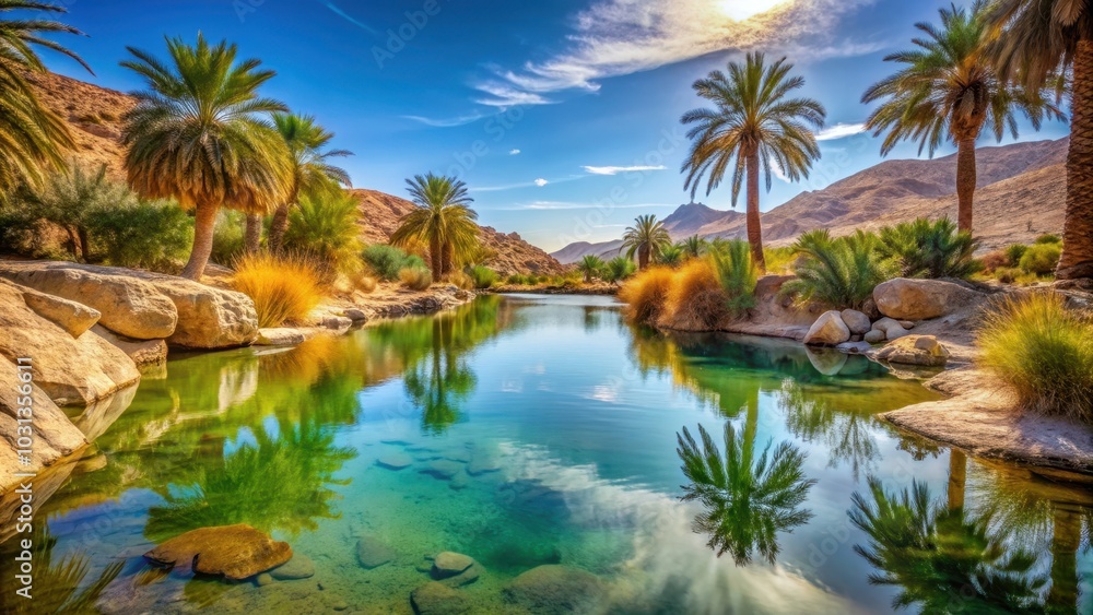 A peaceful water oasis in the desert, providing relief for thirsty travelers , oasis, water, desert, travel, relief A peaceful water oasis in the desert, providing relief for thirsty travelers , oasis, water, desert, travel, relief